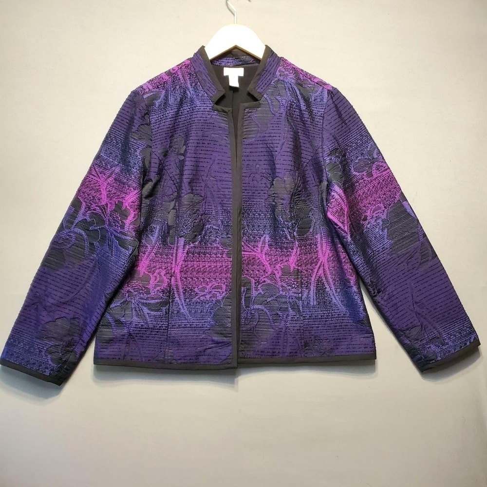 Chicos Ombre Floral Metallic Jacquard Topper Jacket Womens L Pink Purple Artsy